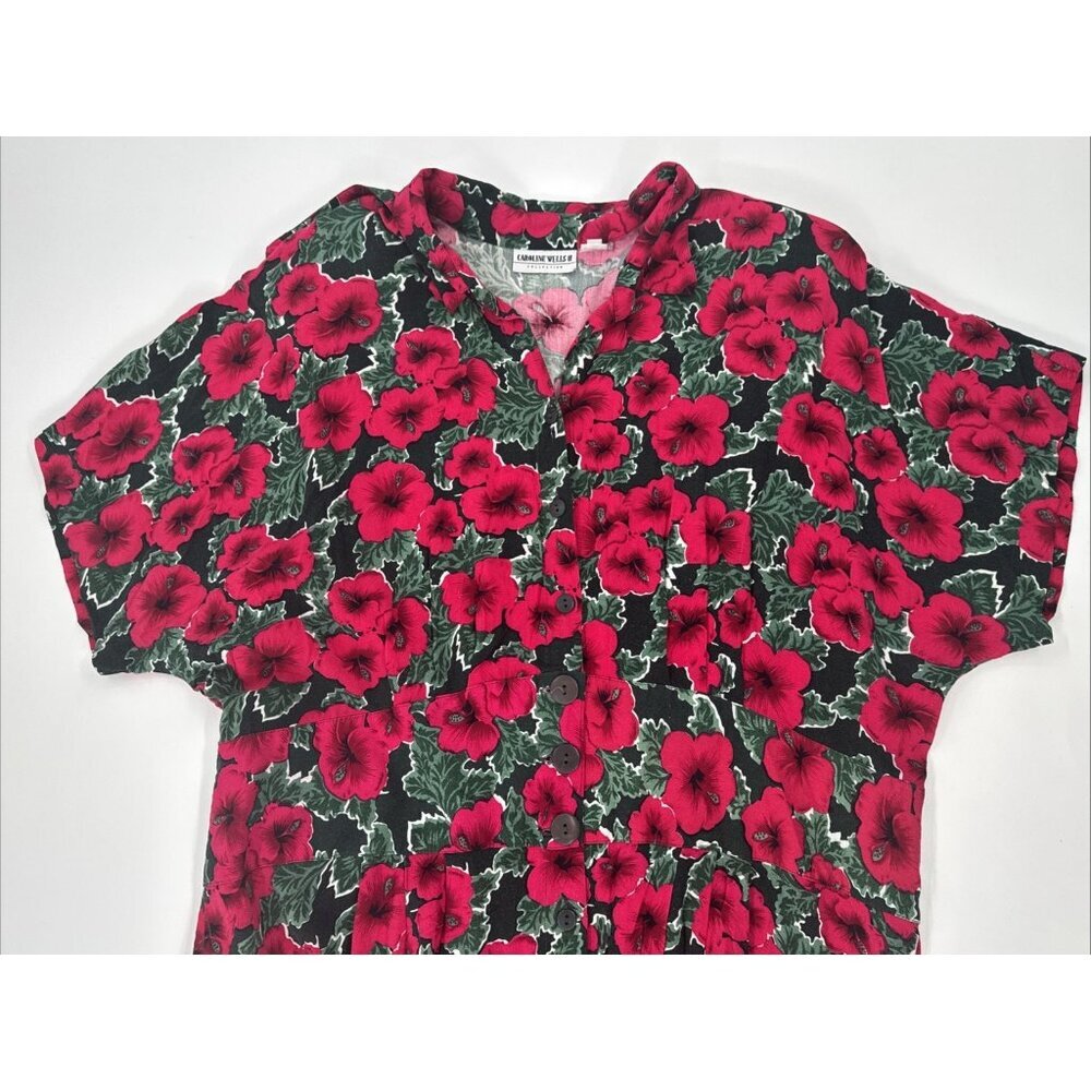 Vintage 80s Caroline Wells Dress 24W Long Red Floral Pleated Button Victorian - Picture 4 of 12